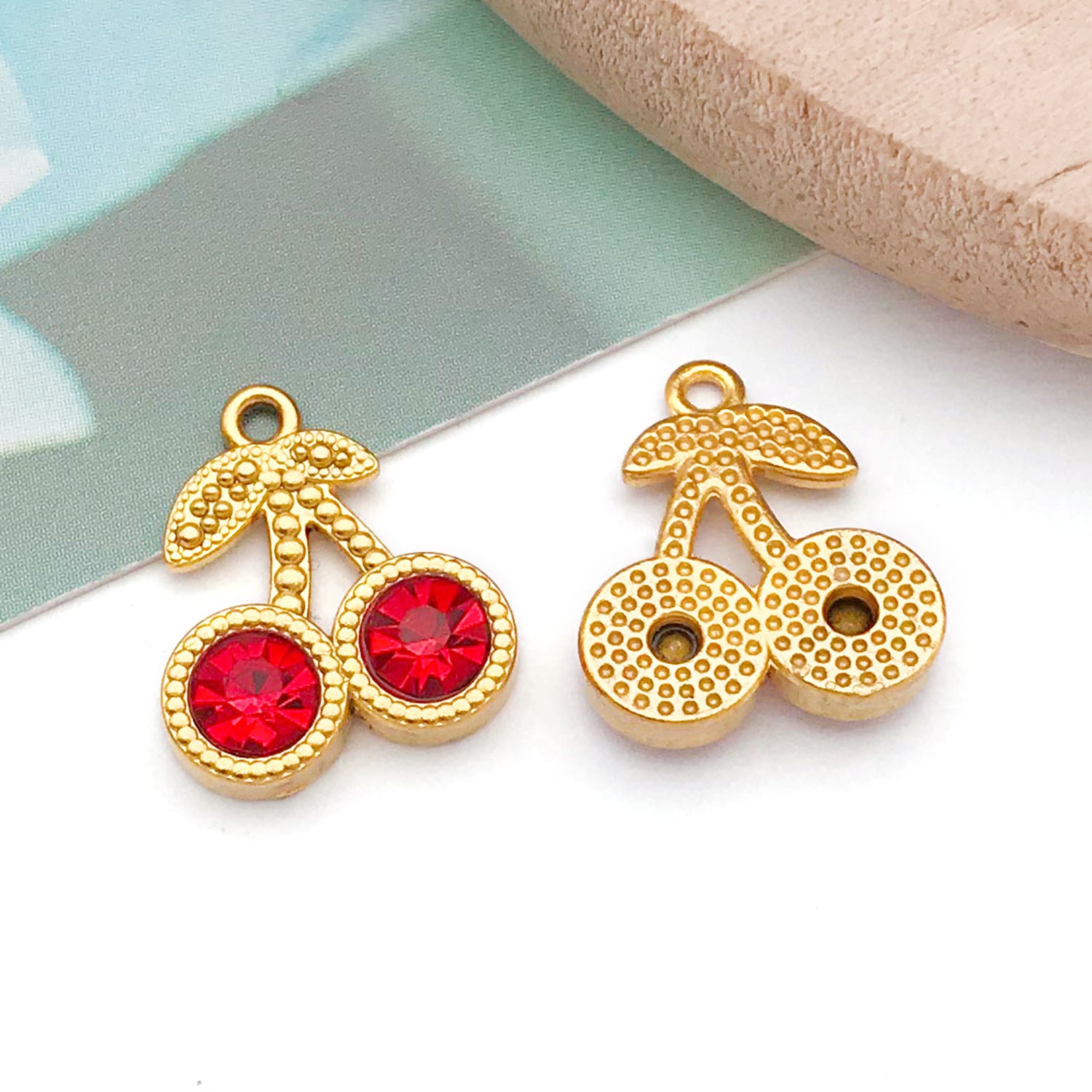 Stainless Steel Rhinestone Cherry Charm Pendant for DIY Necklace Bracelet Earrings