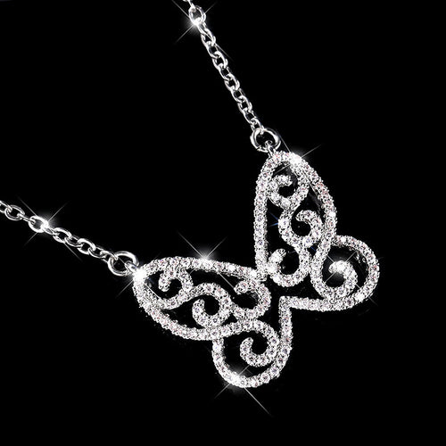 Silver Tone Openwork Butterfly Crystal Pendant Necklace angled detail