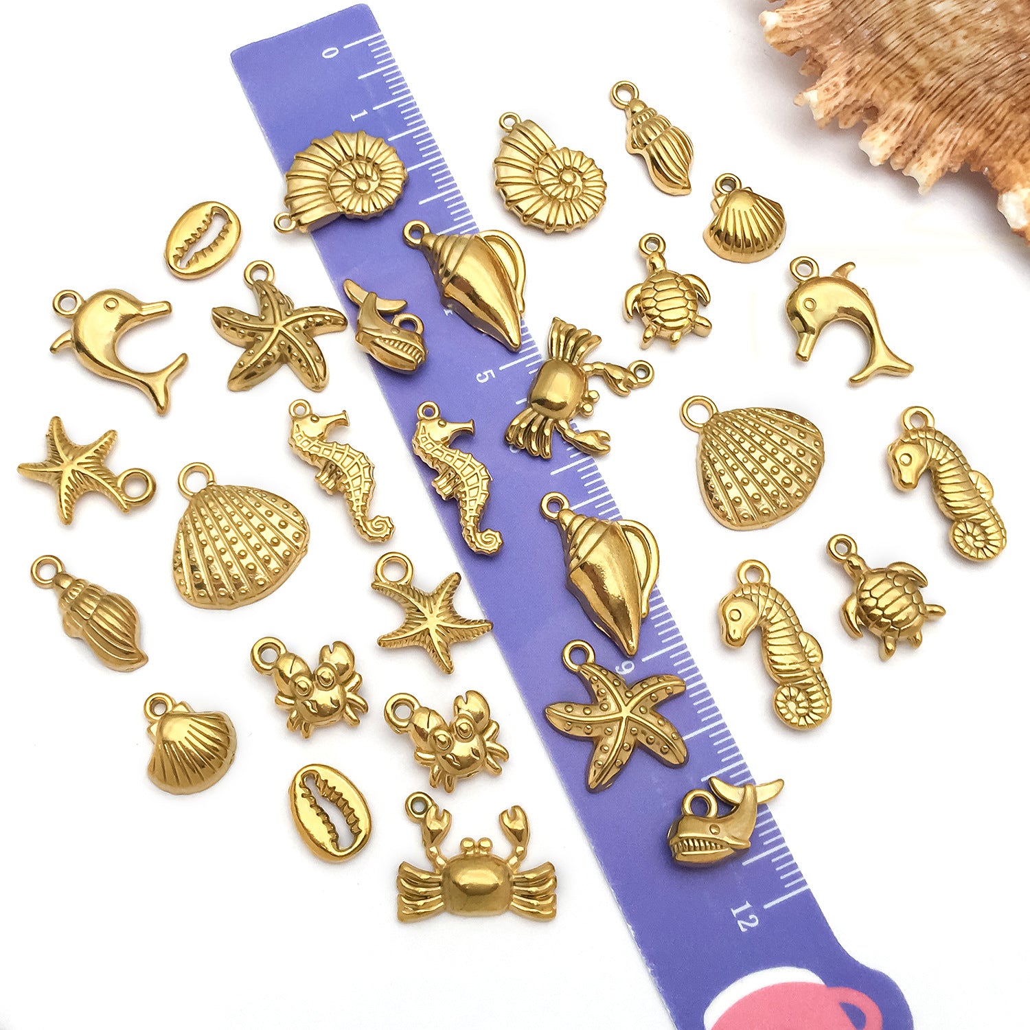 Gold Stainless Steel Ocean Shell Starfish charm pendants for DIY necklace bracelet