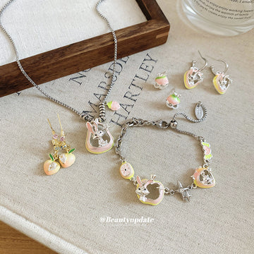 Peach Rabbit Charm Ring Necklace Bracelet and Earring Set
