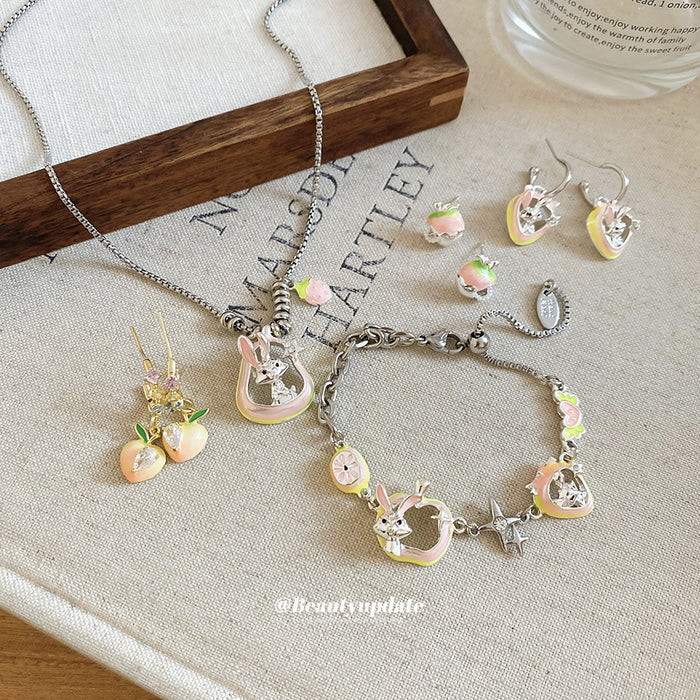 Peach Rabbit Charm Ring Necklace Bracelet and Earring Set