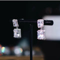 Double Square Crystal Drop Earrings in Silver Tone view 5