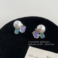 White Pearl Lavender Aqua Cabochon Cluster Stud Earrings Pair view 4