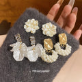 Gold Cream Flower Pearl Six Piece Stud Earring Set view 3