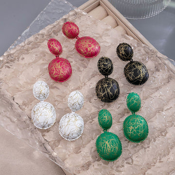 Four Color Gold Crackle Double Oval Statement Stud Earrings