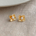 Gold Textured Flower Pearl Center Stud Earrings Pair view 4
