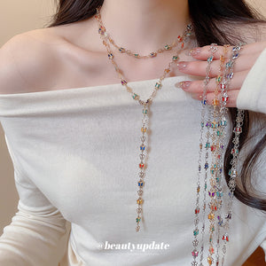 Butterfly Y Necklace with Multicolor Glass Crystals, Gold or Silver-Tone Chain
