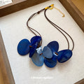 Blue Trillium Petal Statement Necklace Brown Cord Double Strand view 2