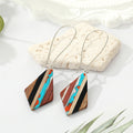 Silver Tone Wood and Resin Mosaic Long Wire Drop Earrings view 3