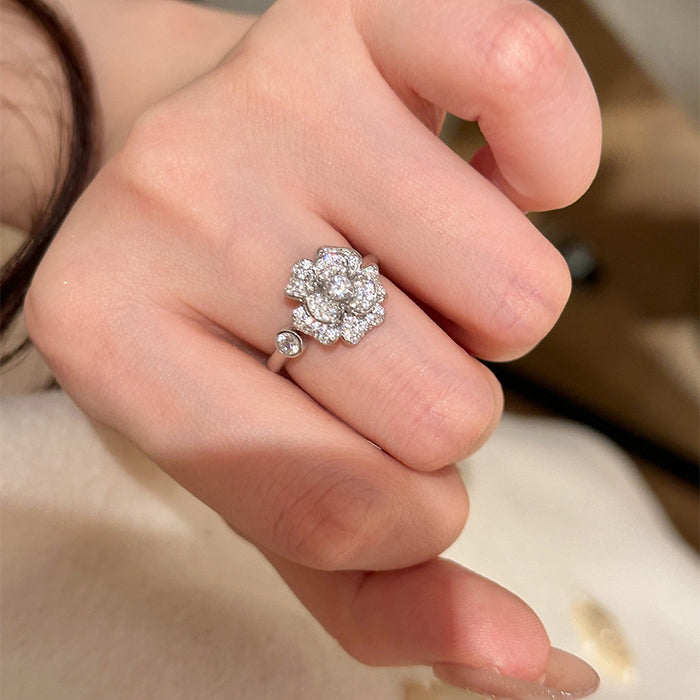 Silver Tone Paved Zircon Flower Open Ring Side Stone