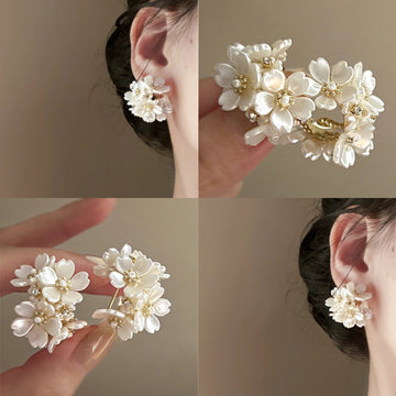 White Flower and Pearl Cluster Statement Stud Earrings