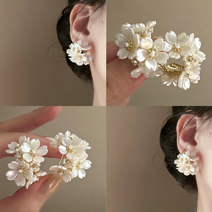 White Flower and Pearl Cluster Statement Stud Earrings