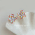 Gold Tone Iridescent Pink Blue Flower Stud Earrings For Women view 1