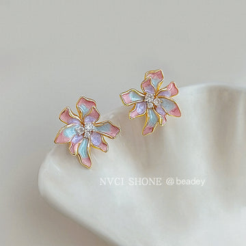 Gold Tone Iridescent Pink Blue Flower Stud Earrings For Women