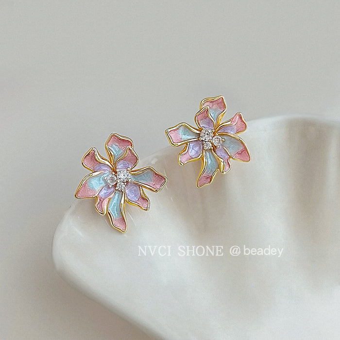 Gold Tone Iridescent Pink Blue Flower Stud Earrings For Women