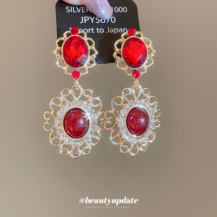 Red Oval Gem and Gold Tone Filigree Drop Stud Earrings