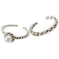 Silver Braided Pearl Look Adjustable Open Ring Two Piece Set view 5