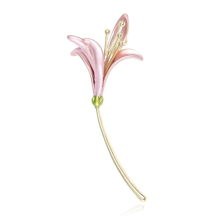 Pink Enamel Lily Brooch Gold Tone Stem Flower Pin Metal Pin
