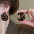 Burgundy Pleated Leopard Print C Hoop Stud Earrings view 4