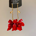 Red Layered Flower Drop Earrings in Gold Tone Statement Jewelry view 6