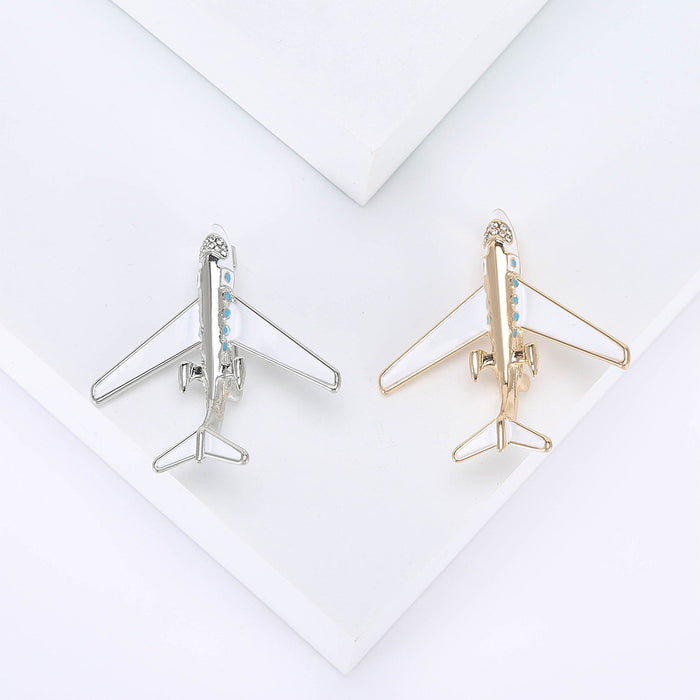 Airplane Brooch Silver or Gold White Enamel Wings Metal Pin Brooch