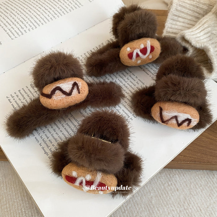 Brown Plush Hair Claw Clips With Felt Bread Motifs