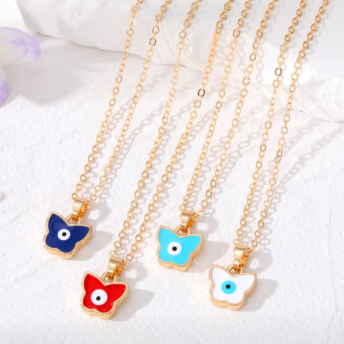 Gold Tone Butterfly Evil Eye Pendant Necklaces in Four Colors