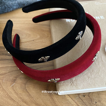 Velvet Fabric Bee Rhinestone Headband Red Black 2 Colors