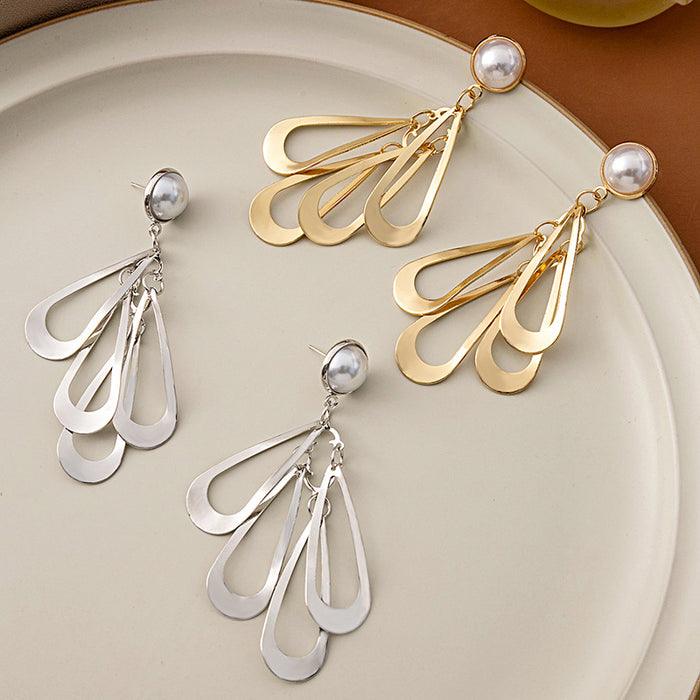 Pearl Stud Layered Teardrop Dangle Earrings Gold Silver