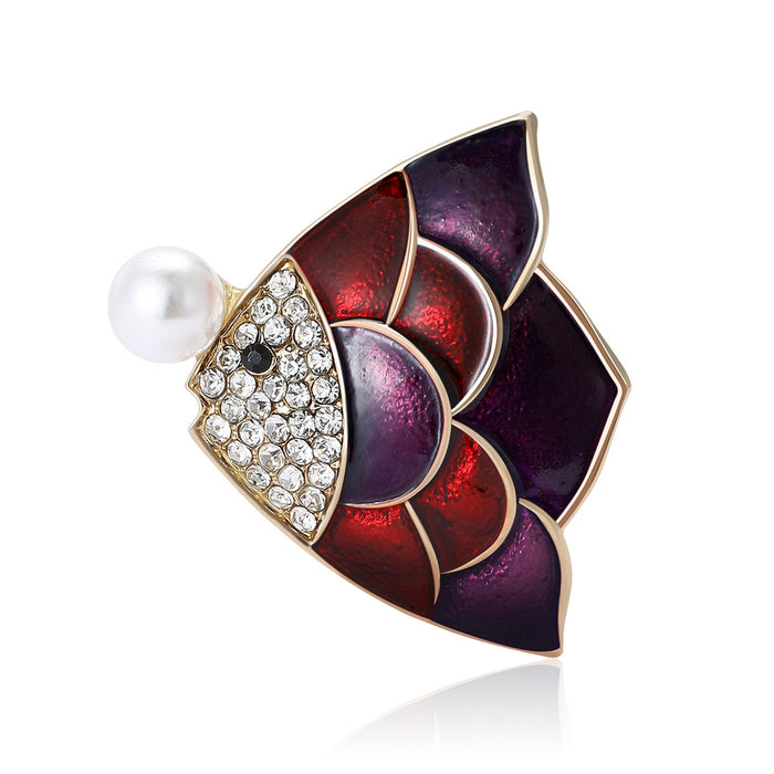 Colorful Fan Tail Fish Crystal Brooch With Pearl Accent