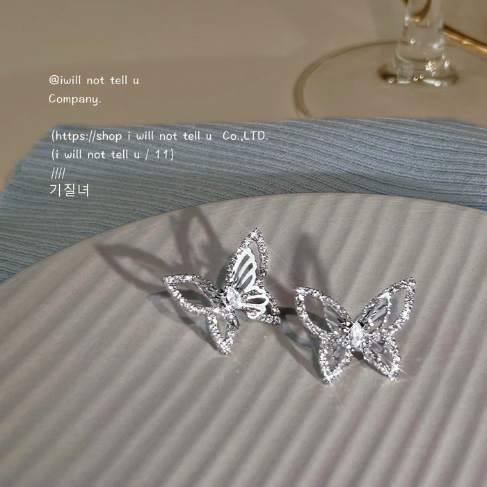 Silver Butterfly Stud Earrings Clear Pave Stone Outline