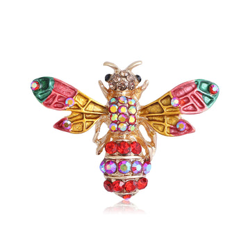 Colorful Crystal Bee Brooch with Detailed Gold Tone Wings