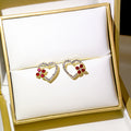 Gold Open Heart Stud Earrings Red Crystal Flower Accents view 6
