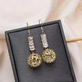 Gold Baguette Crystal Hollow Filigree Ball Drop Earrings view 1