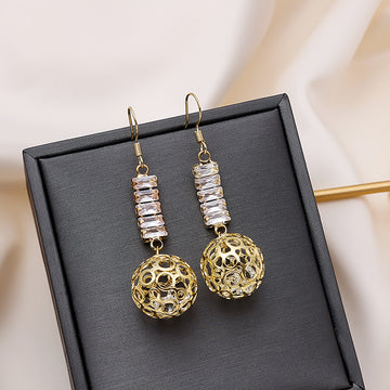 Gold Baguette Crystal Hollow Filigree Ball Drop Earrings