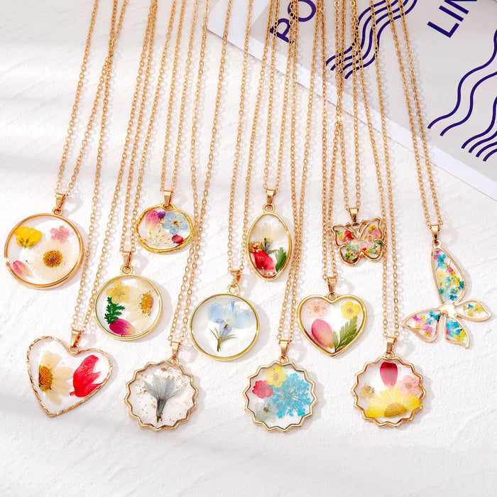 Gold Tone Mixed Shape Resin Pressed Flower Pendant Necklaces in Eleven Designs