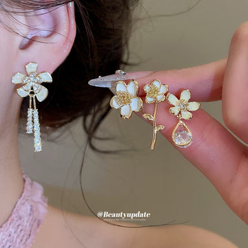 Gold Tone White Flower Crystal Tassel Stud Earrings Three Styles
