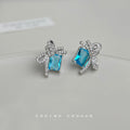 Silver-Tone Pave Bow Blue Rectangle Stone Stud Earrings view 4