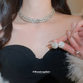 Double Row Rhinestone Necklace Cuff Bracelet Earring Set view 2