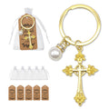 Gold Tone Ornate Cross and Pearl Keychain and Attached Hardware view 1