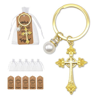 Packaging overview shows the gold-tone ornate cross and pearl keychain with an organza bag and kraft tags.