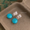 Gold Baguette Bar Turquoise Disc Stud Earrings Pair view 4