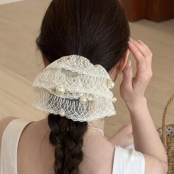Cream Lace Pearl Scrunchie Oversized Elastic Hair Tie