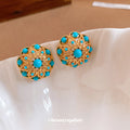 Gold Tone Turquoise Stone Floral Openwork Stud Earrings view 1