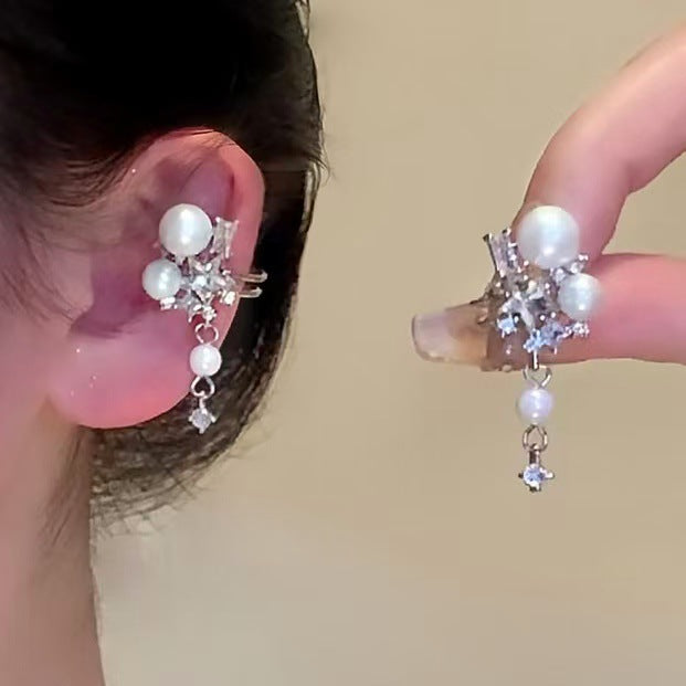 Silver Pearl Crystal Cascade Ear Cuff Fashion Jewelry Accessory