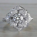 Round Clear Solitaire Sculpted Rose Flower Ring In Silver Tone view 1