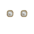 Gold Square Cream Pearl Stud Earrings Braided Frame Pair view 5