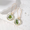 Gold Tone Round Pressed Botanical Resin Long Hook Earrings view 3