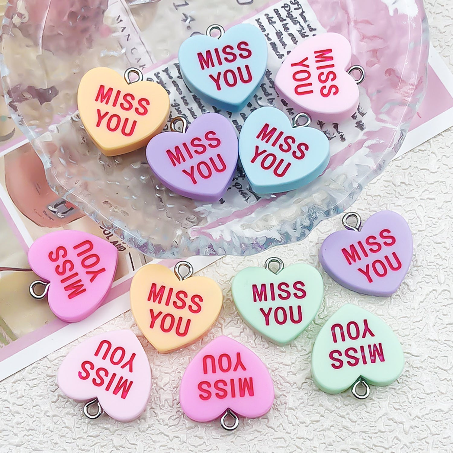 Matte Resin Miss You Heart charm pendants for DIY bracelet necklace keychain making