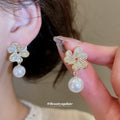 Gold Tone Floral Branch And Pearl Drop Stud Earrings view 4